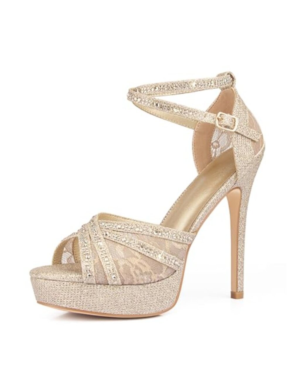 Platform Heels Peep Toe Pumps Mesh Stilettos Rhinestone Ankle Strap Party